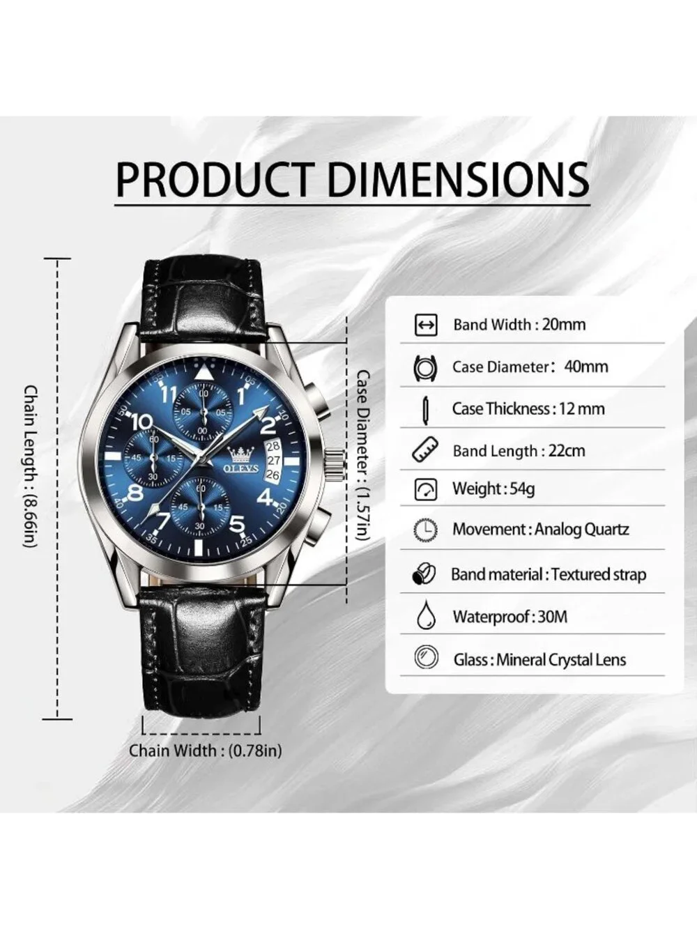 Men's Silver Large Face Black Leather Analog Quartz Chronograph Waterproof Watch